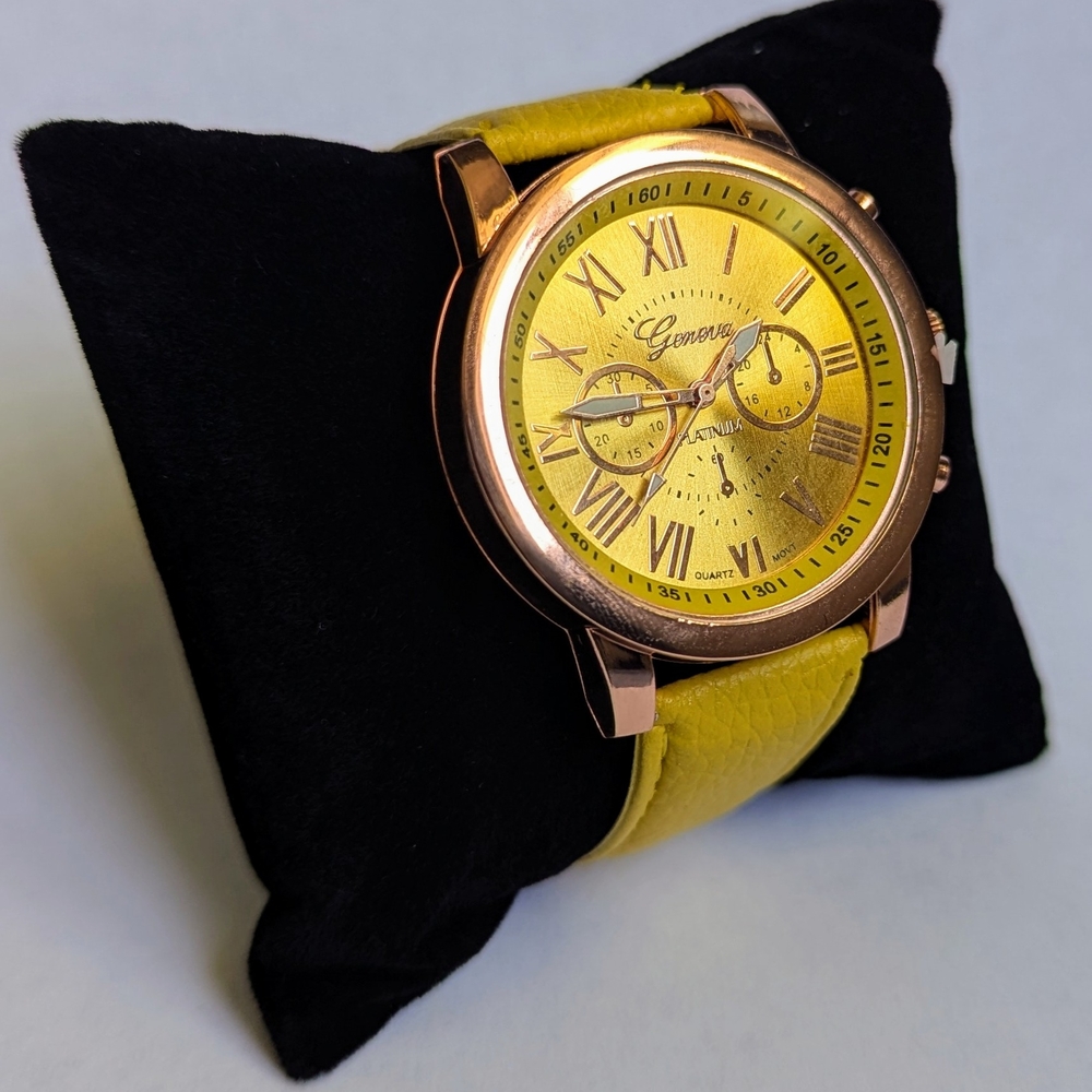Geneva Yellow Chronograph Watch with Gold Dial